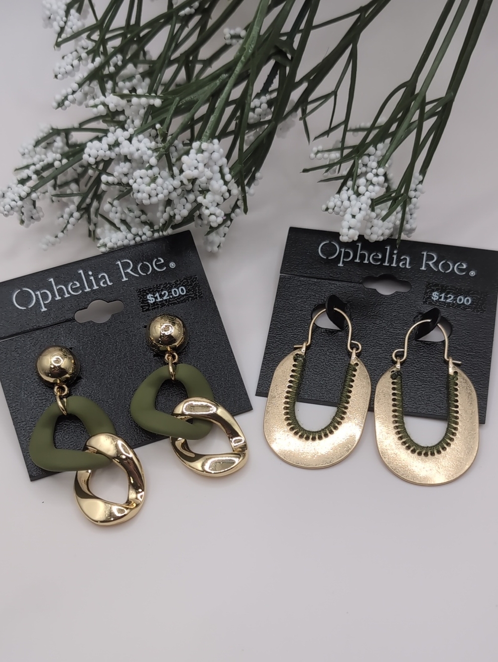 2 Pairs Ophelia Roe Goldtone & Green Earrings NWT $24